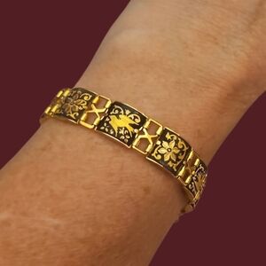 Vintage Two-tone Floral Bird Square Tile Gold and Black Link Damascene Bracelet